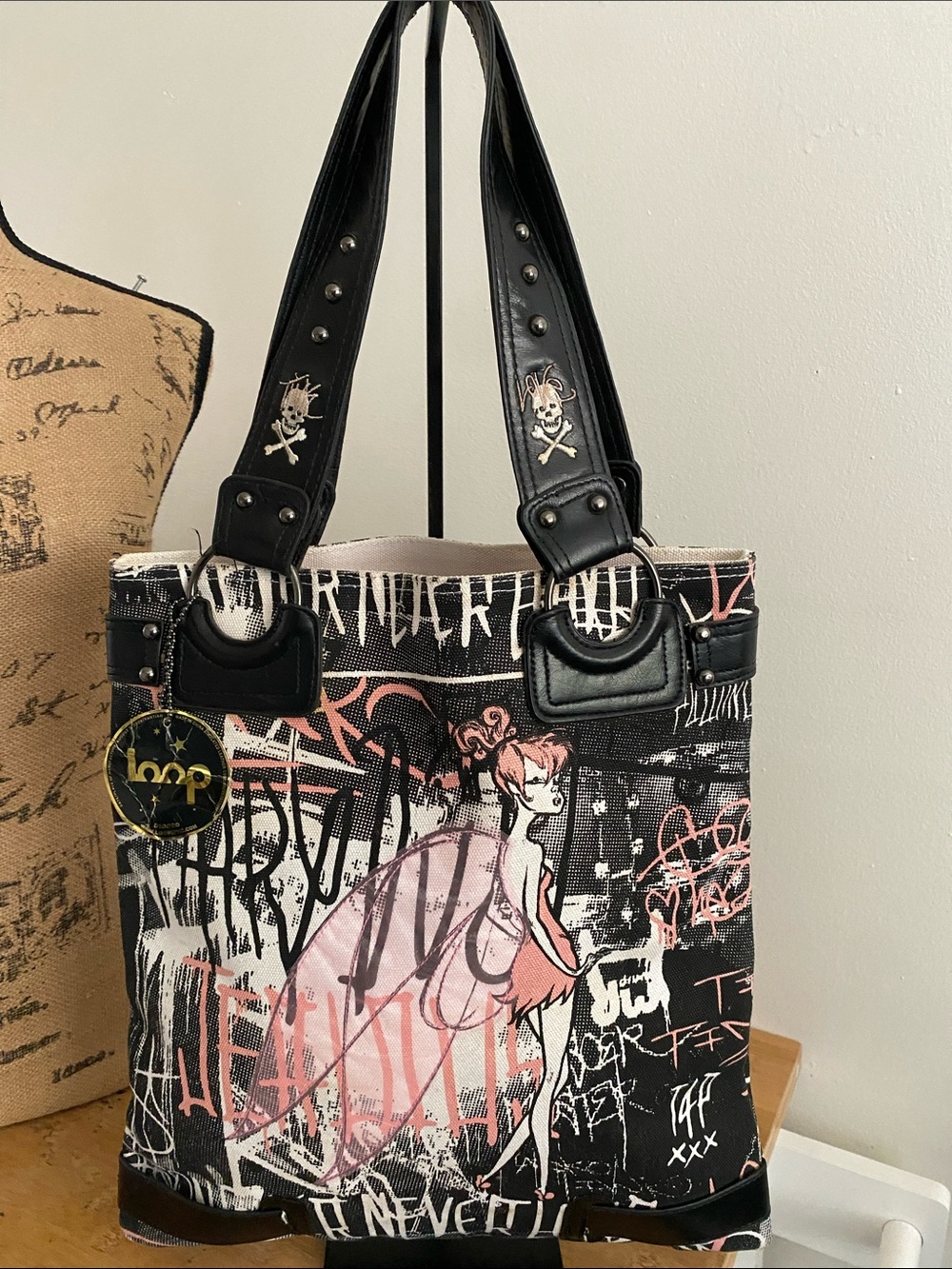 Disney Couture by Loop Tinker Bell Graffiti Canvas Tote Bag, Y2K, Vintage, Rare